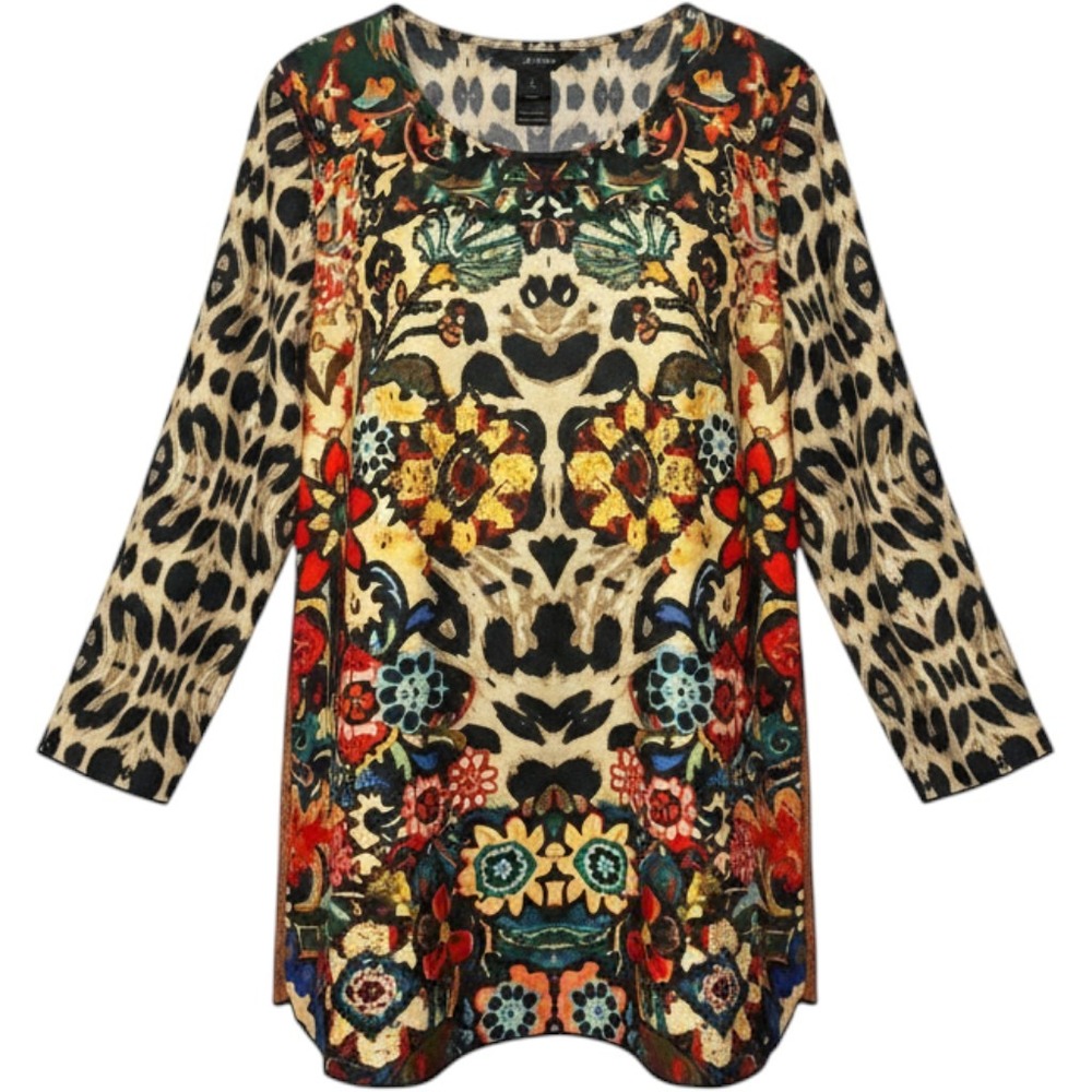 Ali Miles Women Tunic Top Large Multicolor Mixed Print Leopard Floral Artistic